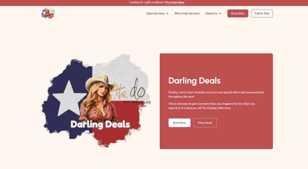 Image showing a woman with a hat in front of a Texas map with Darling Deals branding.